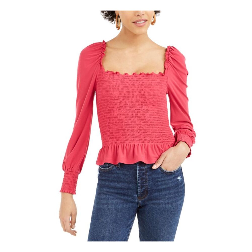 BAR III Womens Pink Ribbed Ruffled Long Sleeve Square Neck Blouse XS